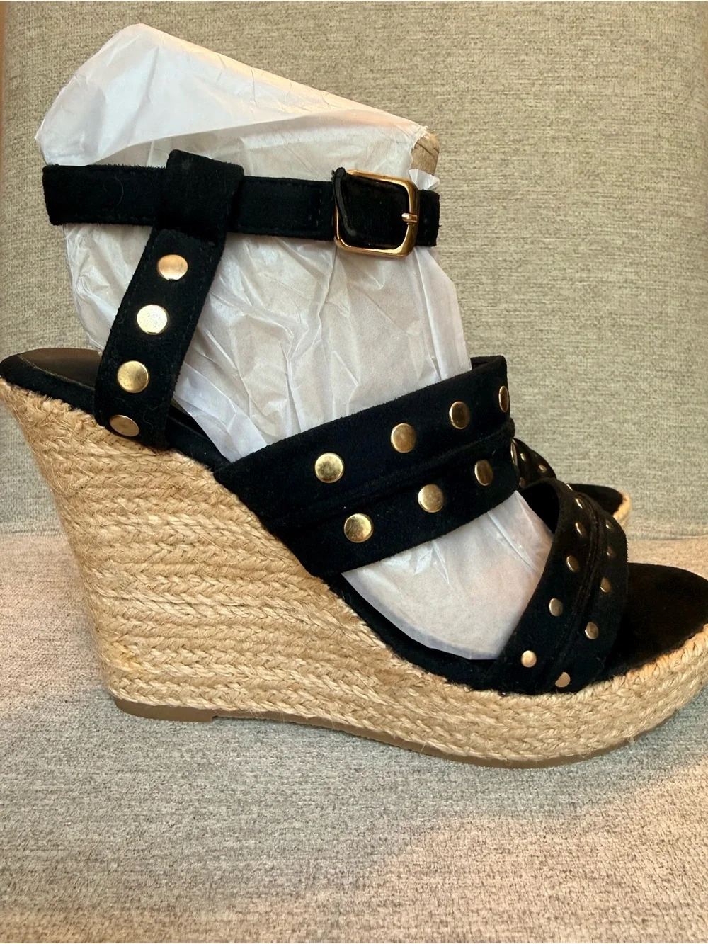 Black Studded Espadrille Wedge Sandals - Women